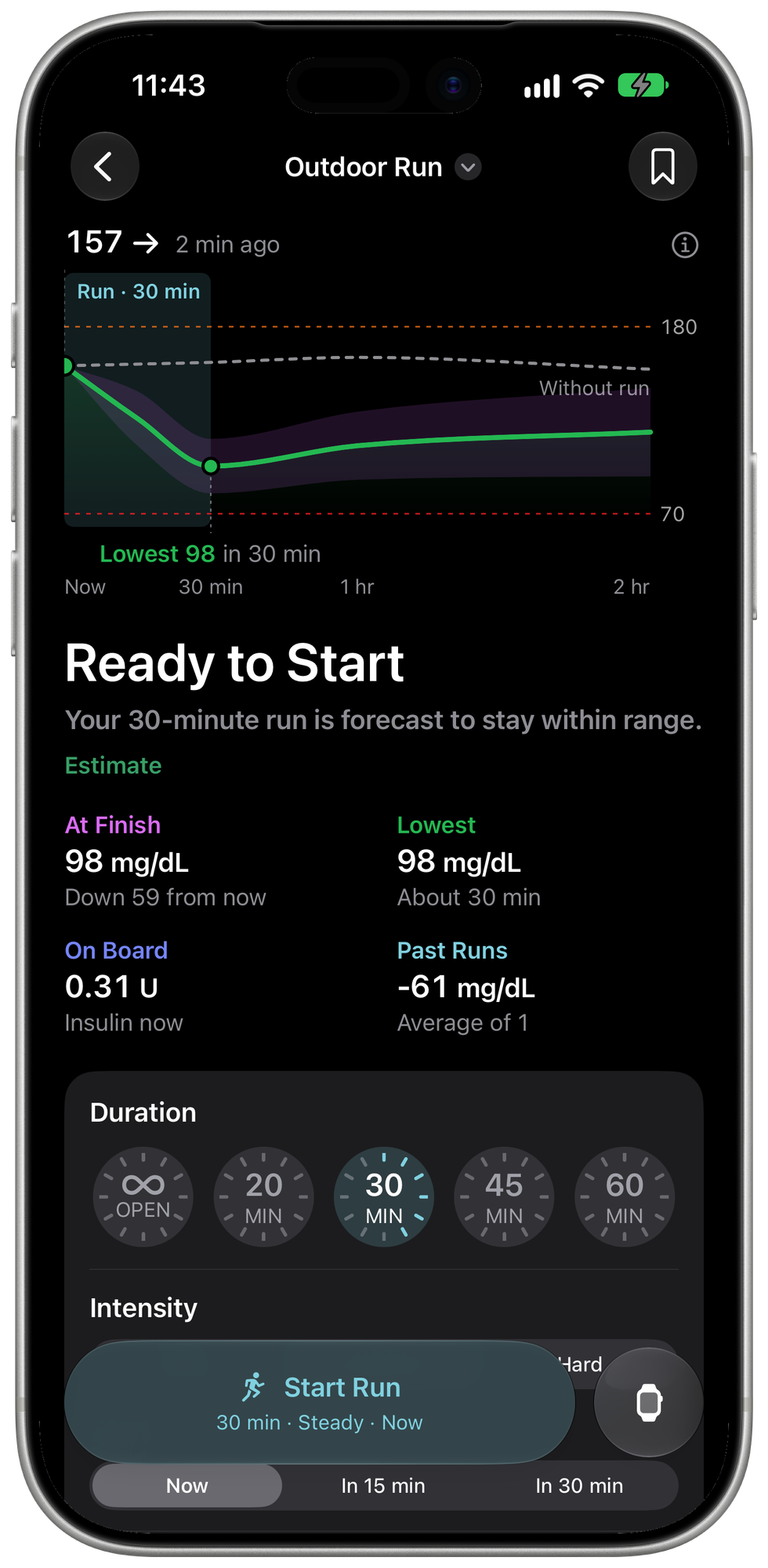 Activity plan for a 30-minute Outdoor Run, comparing estimated glucose with and without the run, using fictional demo data.