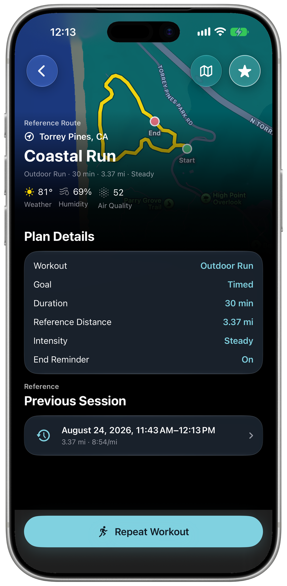 Saved Coastal Run showing a standard route map, workout plan, and previous session using fictional demo data.