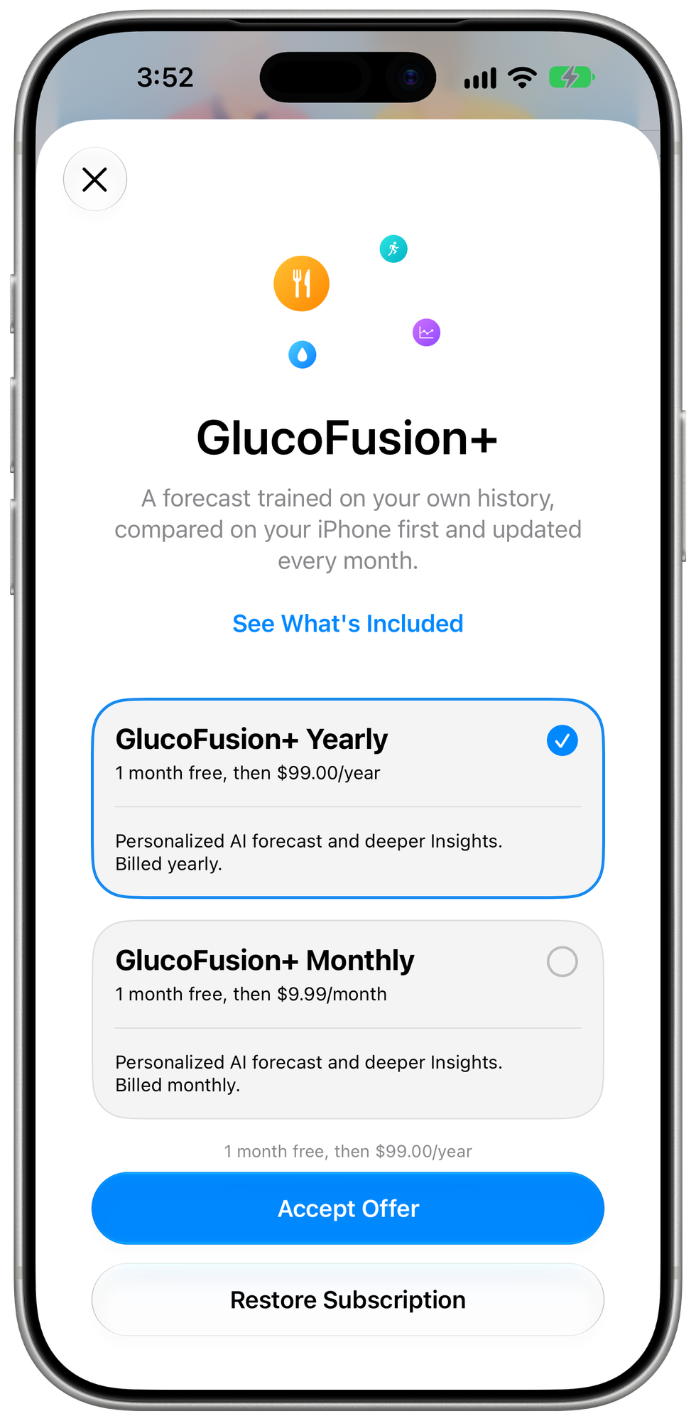 GlucoFusion+ offer with yearly and monthly plans, each with one month free, using demo pricing.