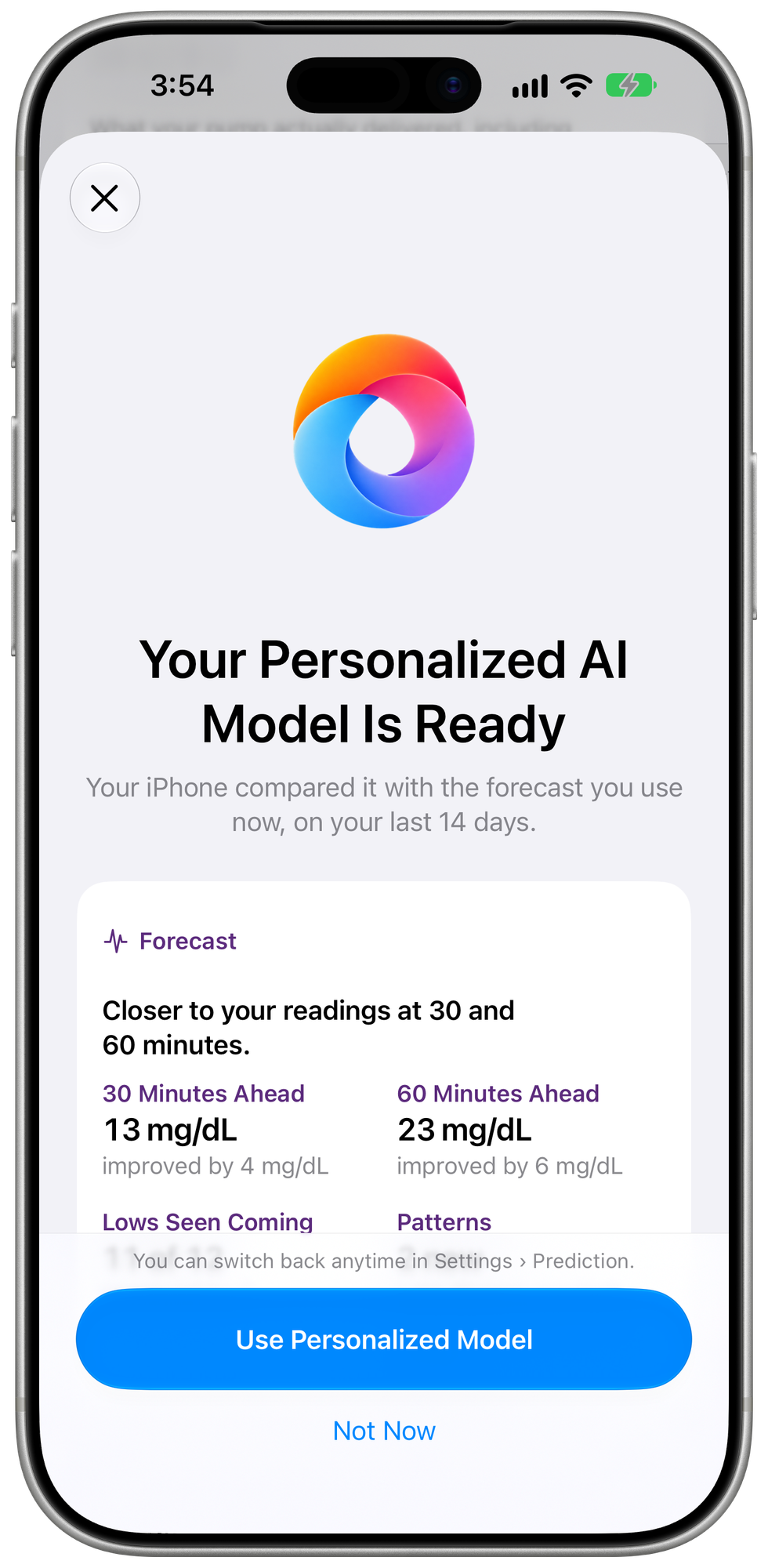 Your Personalized AI Model Is Ready: 13 mg/dL off 30 minutes ahead and 23 mg/dL off 60 minutes ahead, improved by 4 and 6 mg/dL, using fictional demo data.